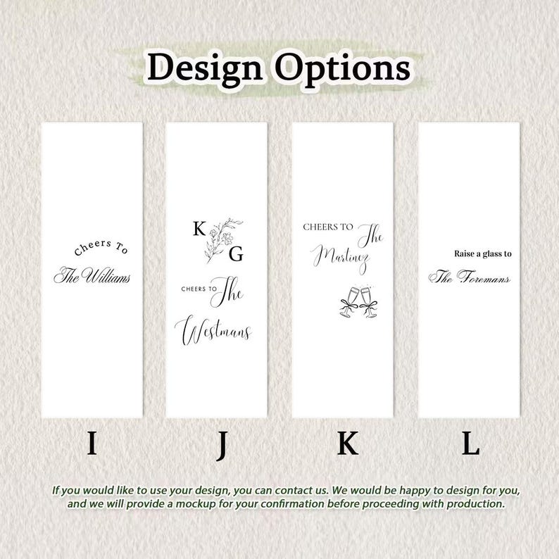 May include: Four vertical white rectangular labels labelled I, J, K, and L, each featuring black text and graphic designs. Option I says Cheers To The Williams. Option J shows K G with floral art and Cheers To The Westmans. Option K says Cheers To The Martinez with two champagne flutes. Option L says Raise a glass to The Foremans.