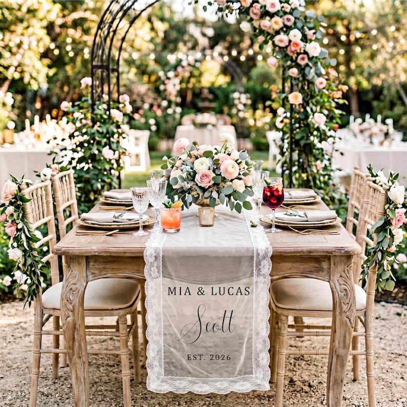 Custom Lace Sheer Wedding Table Runner, Personalized Head Table Sign for Bride and Groom Reception Display, Wedding Sweetheart Table Decor image 4
