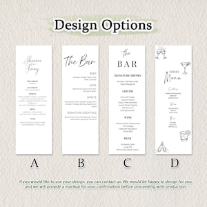 May include: Four vertical white menu cards labelled A, B, C, and D, each featuring black text listing various alcoholic beverages, spirits, and signature cocktails. The designs include different typography styles and simple line art illustrations of glassware.