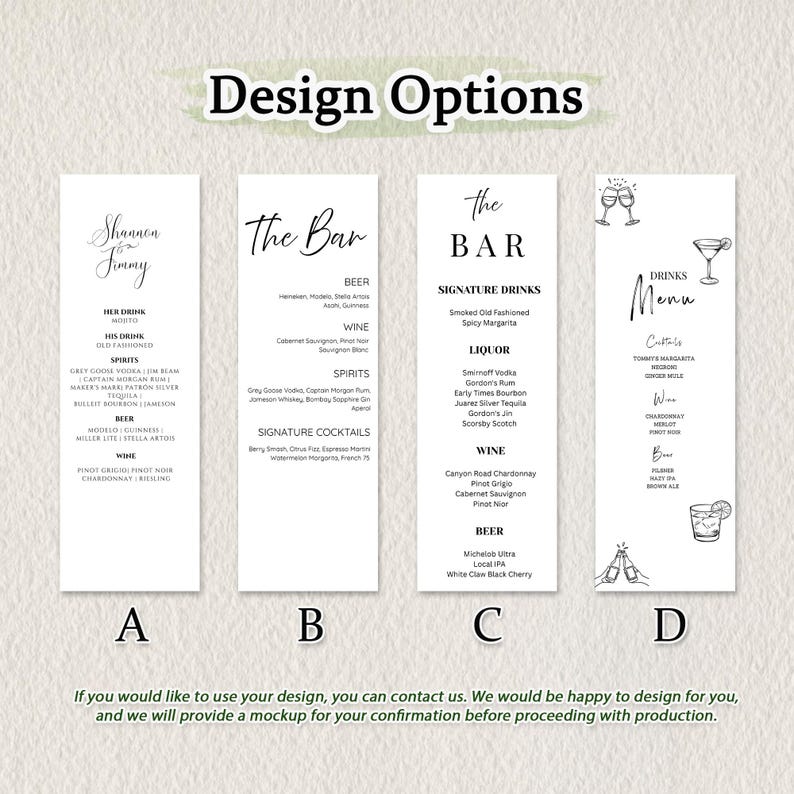 May include: Four vertical white menu cards labelled A, B, C, and D, each featuring black text listing various alcoholic beverages, spirits, and signature cocktails. The designs include different typography styles and simple line art illustrations of glassware.