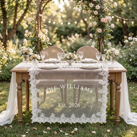 Custom Lace Sheer Wedding Table Runner, Personalized Head Table Sign for Bride and Groom Reception Display, Wedding Sweetheart Table Decor
