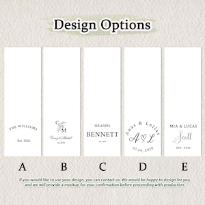 May include: Five vertical white rectangular panels labeled A through E, each displaying different black text and graphic design options for personalization. The text includes names, dates, and monograms. The header reads Design Options.
