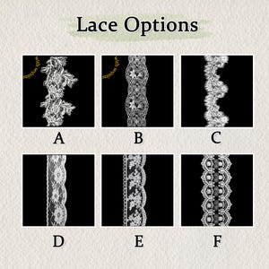 May include: A grid of six white lace trim samples labeled A through F on a black background. Options A and B include text stating with sequins. Each sample displays a distinct floral or geometric pattern, showcasing various widths and edge designs.
