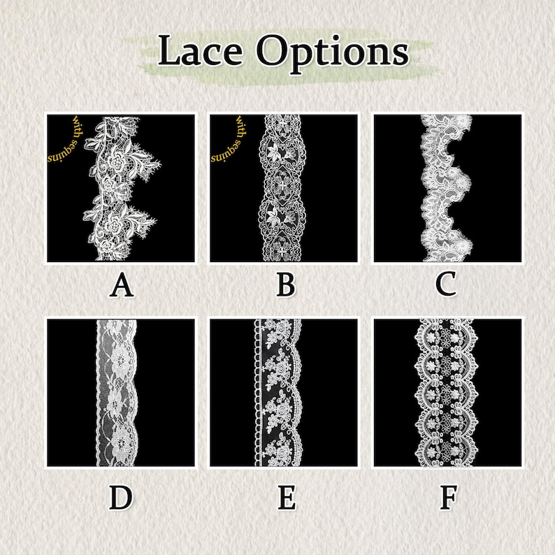 May include: A grid of six white lace trim samples labeled A through F on a black background. Options A and B include text stating with sequins. Each sample displays a distinct floral or geometric pattern, showcasing various widths and edge designs.