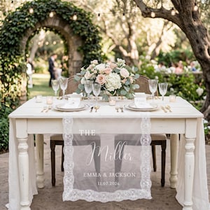Custom Lace Sheer Wedding Table Runner, Personalized Head Table Sign for Bride and Groom Reception Display, Wedding Sweetheart Table Decor image 5