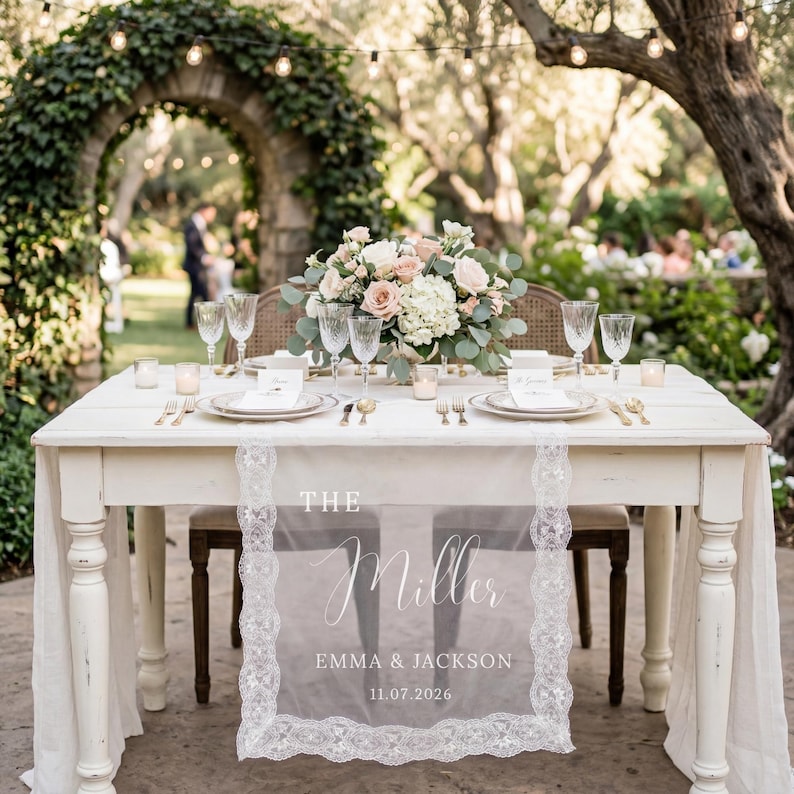 Custom Lace Sheer Wedding Table Runner, Personalized Head Table Sign for Bride and Groom Reception Display, Wedding Sweetheart Table Decor image 5