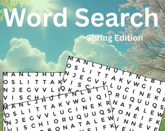 May include: A word search puzzle book with a spring theme. The cover features the words "Word Search" and "Spring Edition" in white text against a blue sky background. The image includes multiple word search puzzles and the text "Over 50 Puzzles!"
