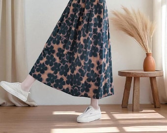 Vintage Floral A-Line Midi Skirt: High Waist Cotton Boho Style