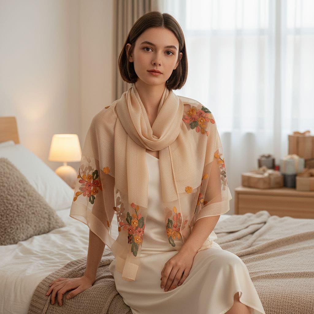 Elegant Sheer Embroidered Floral Scarf for Women – Lightweight