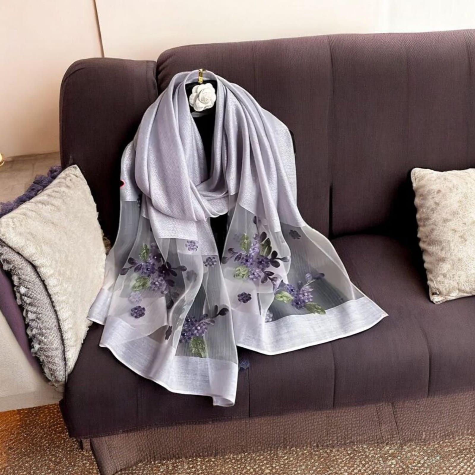 Elegant Sheer Embroidered Floral Scarf for Women – Lightweight