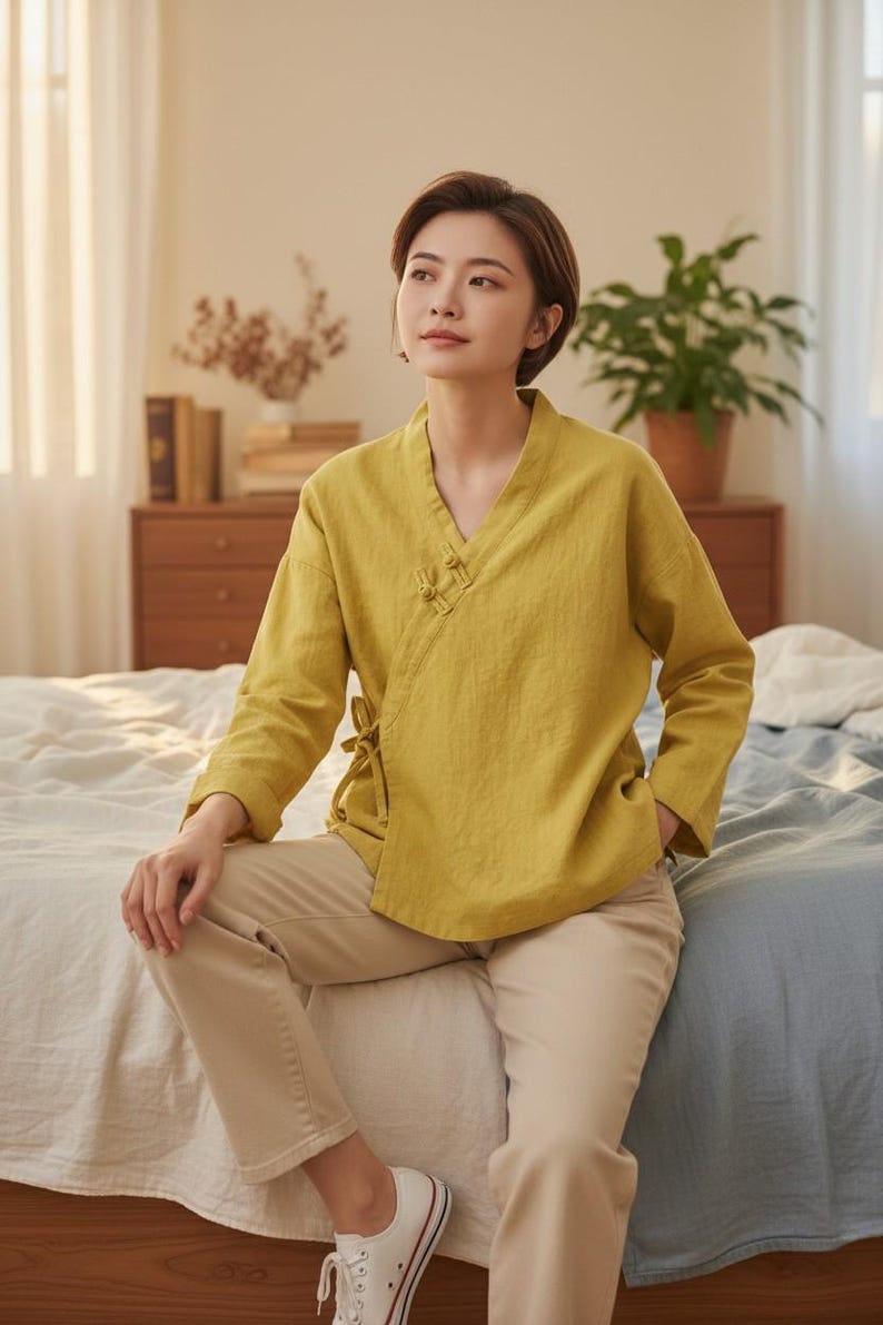 May include: Mustard yellow wrap top with long sleeves and a V-neck. The top is paired with tan pants and white sneakers. The outfit is casual and comfortable, suitable for everyday wear. The top features a tie closure on the side.