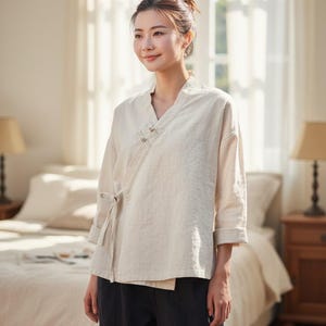 Cotton Linen Top Women - Vintage Retro Blouse - Loose Fit Summer Shirt - Boho Tunic Top - Casual Outfit image 2