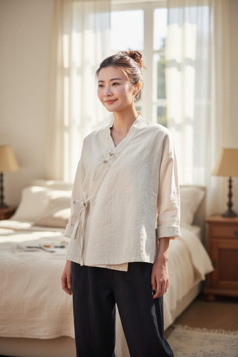 Cotton Linen Top Women - Vintage Retro Blouse - Loose Fit Summer Shirt - Boho Tunic Top - Casual Outfit image 2