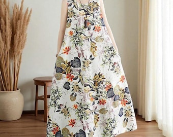 Floral Cotton Linen Maxi Dress: Sleeveless Summer Casual