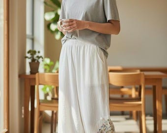 Women’s Cotton Hemp Summer Pants, Eco Friendly Lightweight Casual Trousers, Breathable Loose Fit Wide Leg Pants