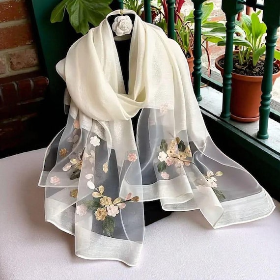 marge Tulle floral sheer scarf ¥16,500 Elegant Sheer Embroidered Floral Scarf for Women – Lightweight