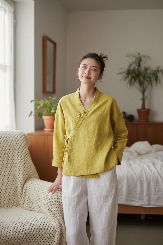 Cotton Linen Top Women - Vintage Retro Blouse - Loose Fit Summer Shirt - Boho Tunic Top - Casual Outfit