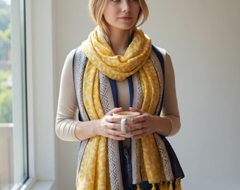 Floral Patterned Scarf with Tassels - Lightweight Summer Shawl, Boho Chic Neck Scarf