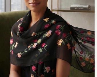 Spring Summer Cotton Linen Scarf for Women, Embroidered Boho Shawl Wrap, Lightweight Travel Scarf, Sunscreen Cover Up, Gift for Her