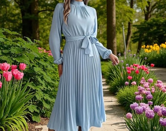 Elegant Pleated Maxi Dress – High Neck Long Sleeve Solid Color Flowy Dress for Women