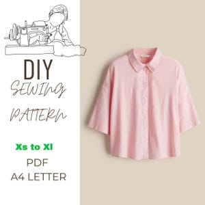 May include: A pale pink shirt with a button-down front and short sleeves. The image includes the text "DIY Sewing Pattern" and "Xs to Xl PDF A4 Letter" with a line drawing of a person using a sewing machine.