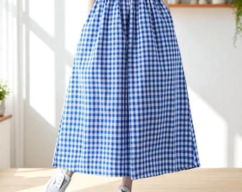 Blue Gingham Cotton-Linen Skirt Pants: High Waist Wide Leg Culottes
