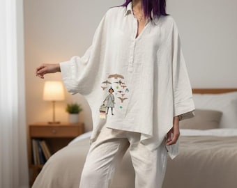 Boho Batwing Cotton Linen Top | Loose Oversized Tunic Blouse | Summer Casual Shirt for Women