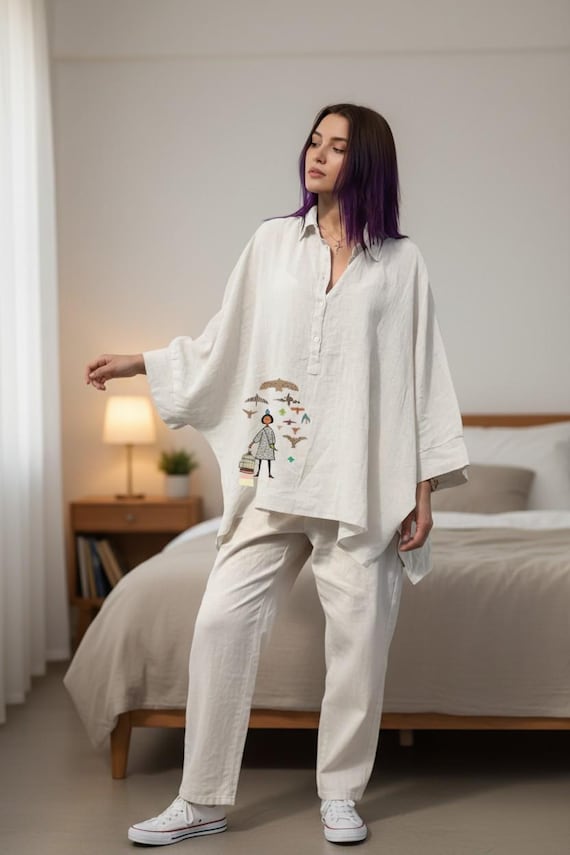 Boho Batwing Cotton Linen Top | Loose Oversized Tunic Blouse | Summer Casual Shirt for Women