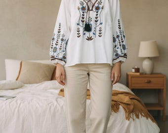Boho Embroidered Cotton Linen Blouse Women, Loose Ethnic Floral Top, Vintage Peasant Shirt, Oversized Bohemian Tunic, Spring Summer Top