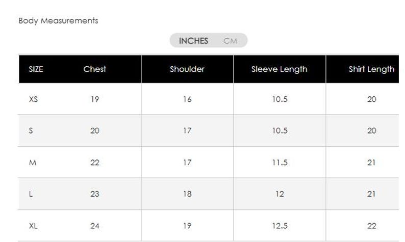 May include: A body measurements chart in a table format. The chart includes sizes XS to XL, with chest measurements from 48 to 61 cm, shoulder measurements from 41 to 48 cm, sleeve lengths from 27 to 32 cm, and shirt lengths from 51 to 56 cm.