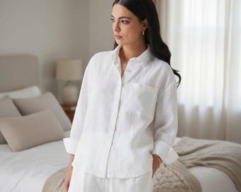 Cotton linen pajama set Loungewear set - linen pants wide leg trousers