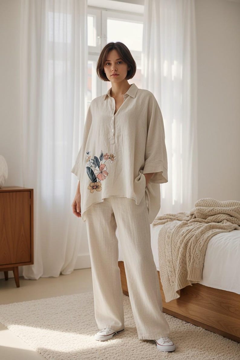 Boho Batwing Cotton Linen Top | Loose Oversized Tunic Blouse | Summer Casual Shirt for Women Color 3
