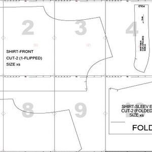May include: A shirt sewing pattern with various cut-out shapes and text labels. The pattern includes pieces for the shirt front, back, sleeves, and collar, sized as XS. The word "FOLD" is also present on the pattern.