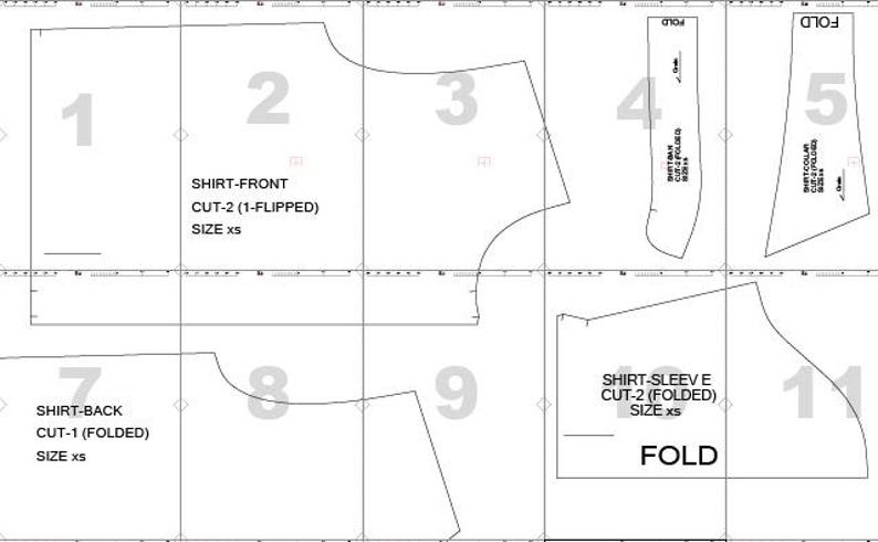 May include: A shirt sewing pattern with various cut-out shapes and text labels. The pattern includes pieces for the shirt front, back, sleeves, and collar, sized as XS. The word "FOLD" is also present on the pattern.