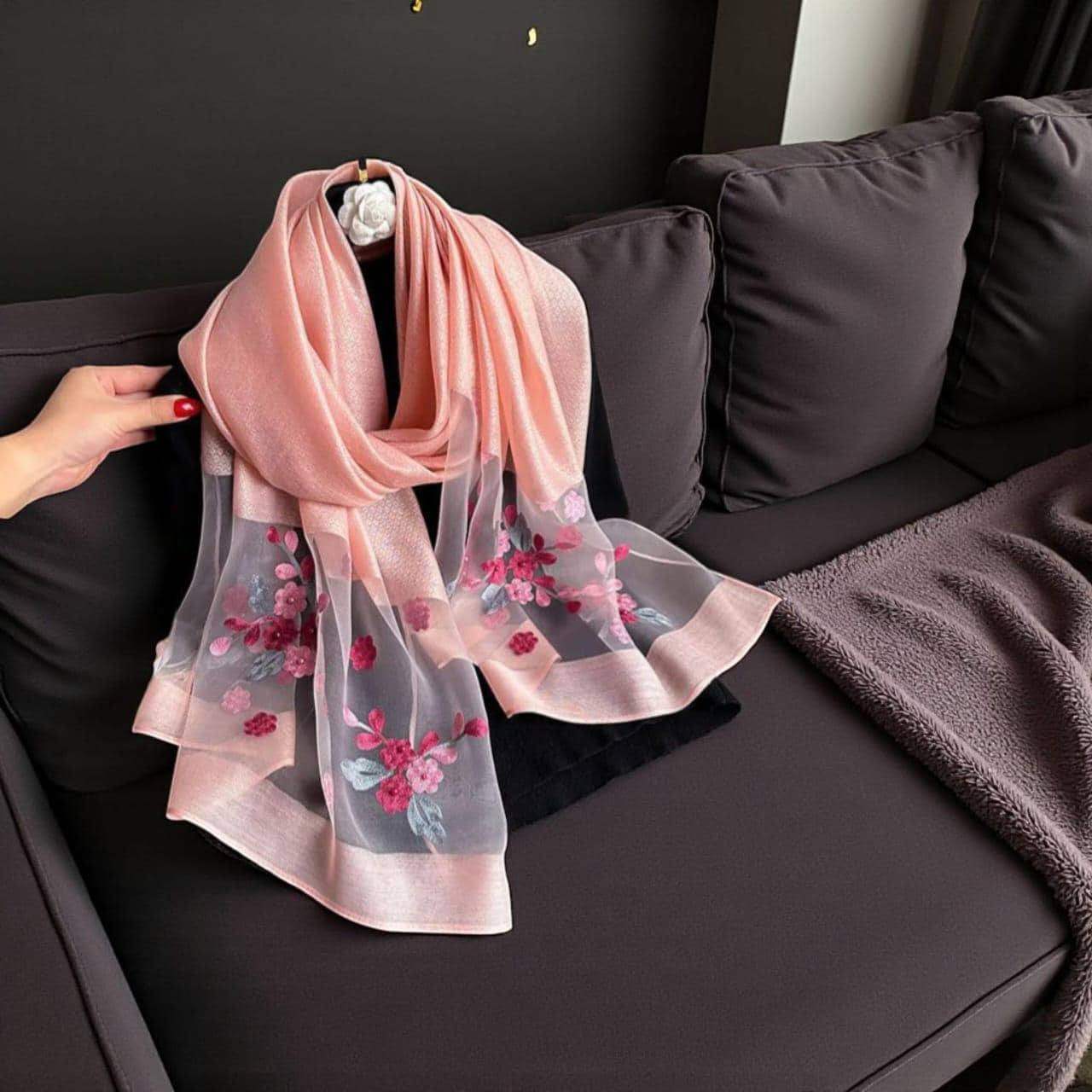 Elegant Sheer Embroidered Floral Scarf for Women – Lightweight
