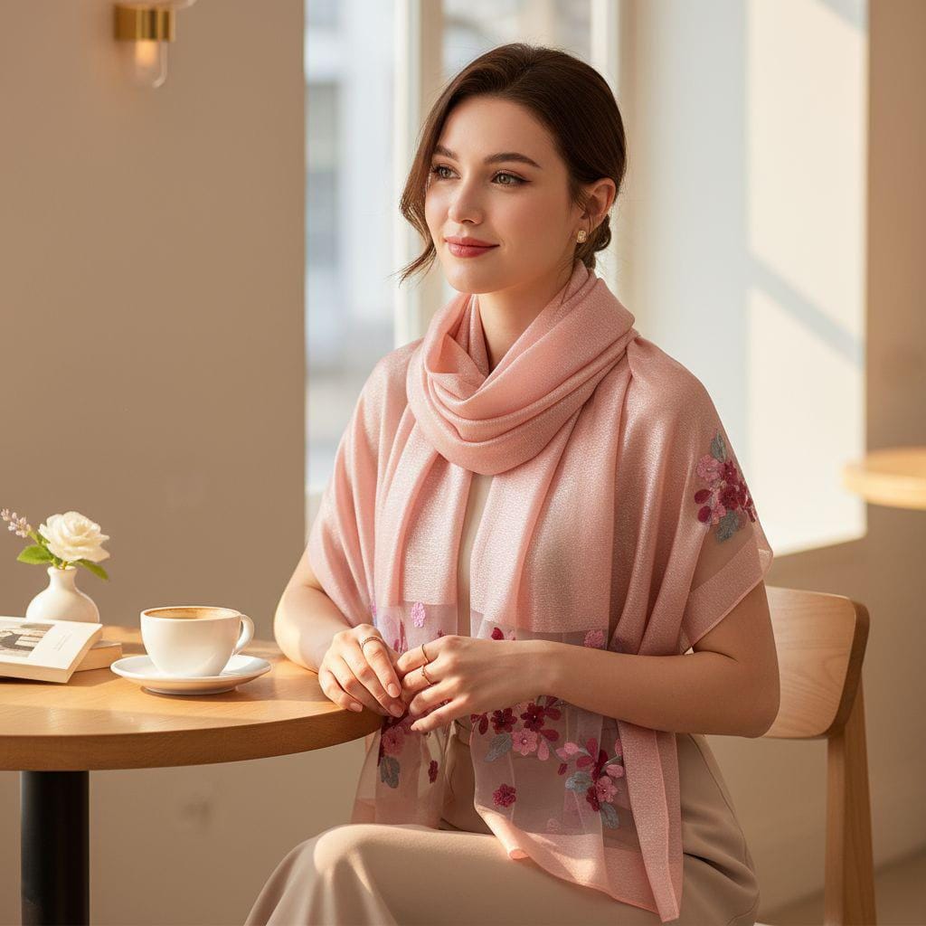 Elegant Sheer Embroidered Floral Scarf for Women – Lightweight