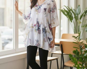 Floral V Neck Dress Women Cotton Linen- Plus Size Loose Fit Spring Dress- Boho Floral Tunic Top- Casual Summer Shirt Dress- Women's Clothing