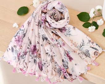 Women’s Cotton Linen Floral Scarf, Lightweight Summer Shawl, Sun Protection Wrap, Boho Beach Cover Up, Soft Breathable Hijab Scarf