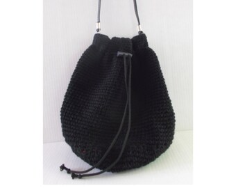 Hand Crocheted Jet Black Crossbody/Shoulder Bucket Bag With Heart Fabric Lining