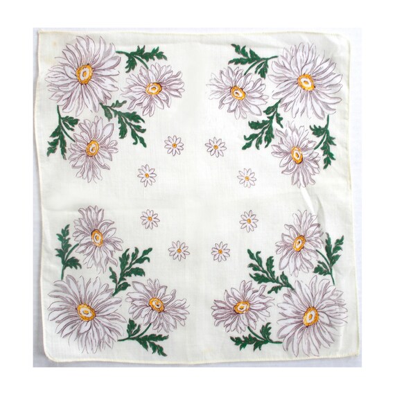 Vintage Handkerchief — White Daisies With Green L… - image 1