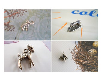 Sterling Silver CHARMS / PENDANTS —  Elephant, Sewing Machine, Fawn, or Birdhouse