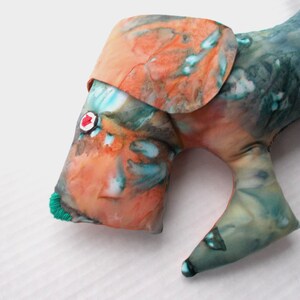 One-Of-A-Kind Handmade Folk Art Dog Teal Green & Tangerine Hand Dyed Batik Pillow / Toddler Toy image 2