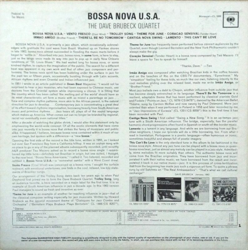 The Dave Brubeck Quartet BOSSA NOVA USA Vinyl Album Columbia Records 1963 image 5