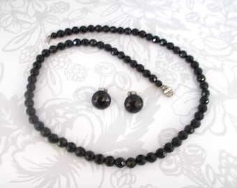 1940's Faceted French Jet-Black Necklace & Matching Clip-On Earrings