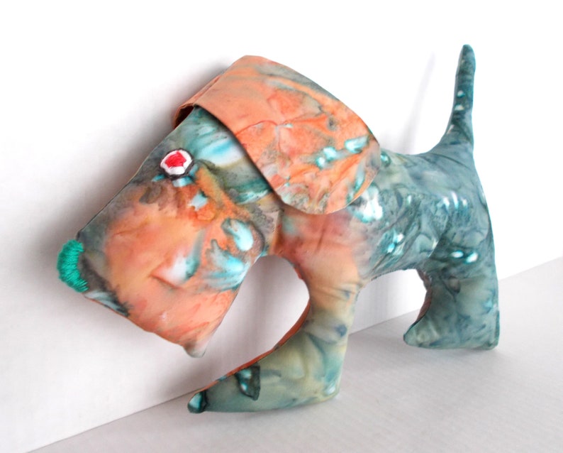 One-Of-A-Kind Handmade Folk Art Dog Teal Green & Tangerine Hand Dyed Batik Pillow / Toddler Toy image 3