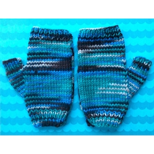 Blue/Green Multi Hand Knit Fingerless Gloves (Size: Sm/Med)