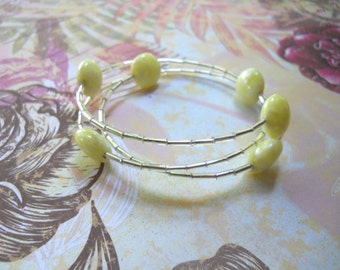 Memory Wire Bangle — With French Clear Glass Bugle Beads & Vintage 1960's Yellow Accent Beads