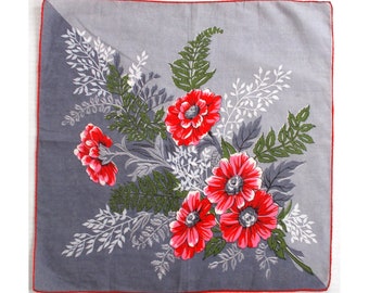 Vintage Handkerchief — Red Flowers With Green & White Leaves On A Light/Dark Gray Background With Red Edge