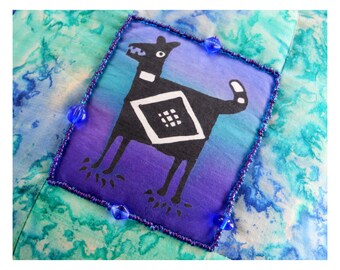 Hand Painted Folk Art Aztec Dog On Hand Dyed Batik Pillow With Hand Beaded Detail