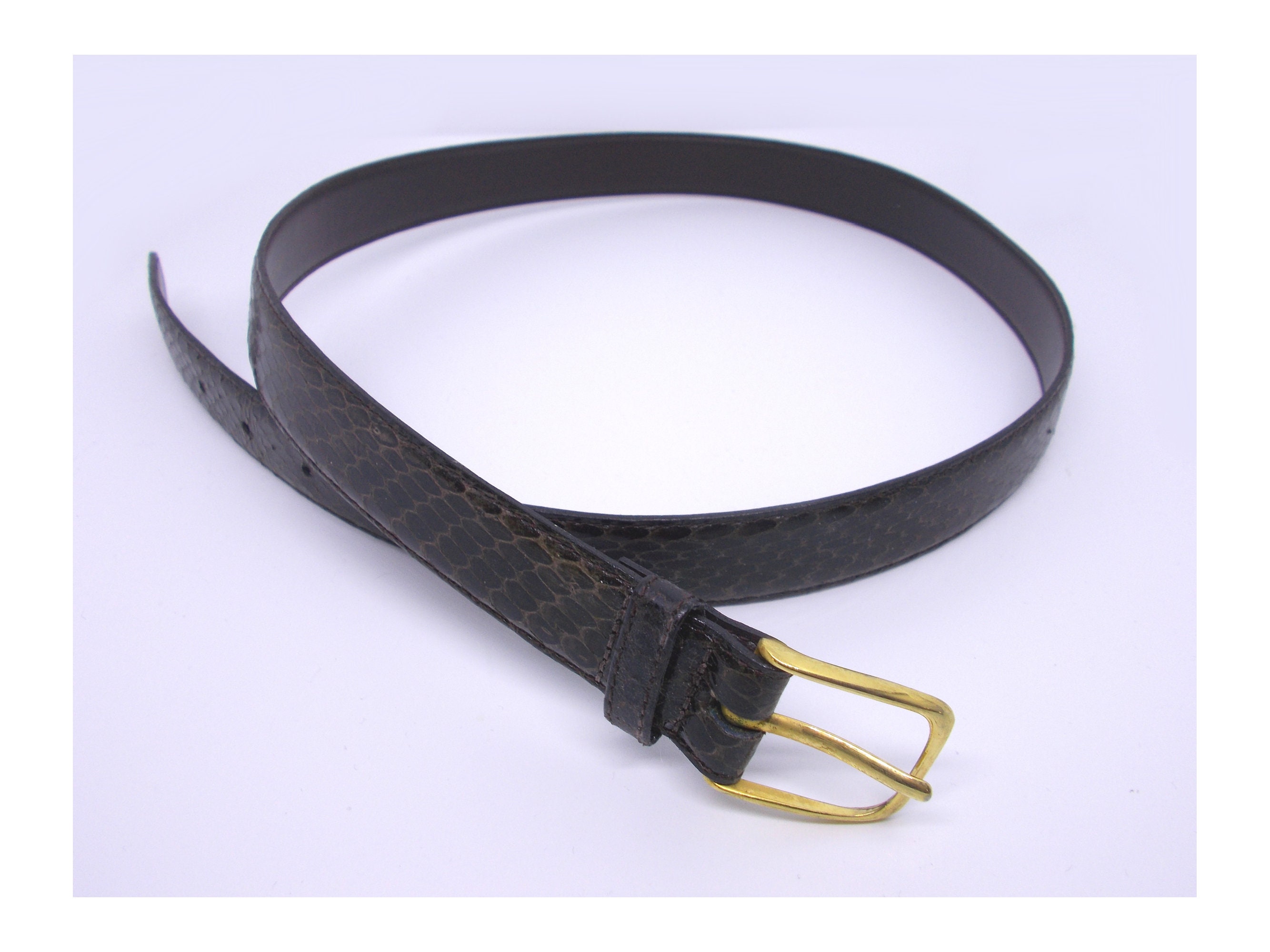 VINTAGE 5” wide brown black textured snake print belt M GOLD buckle Fossil Vintage Faux Snakeskin Belt With Gold & Enamel Buckle  main image 3